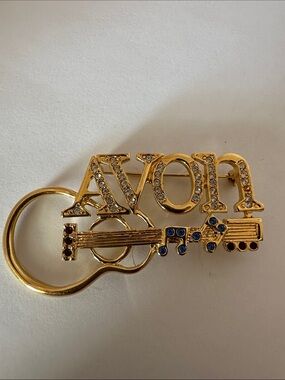 Gold Tone Avon Guitar Brooch with Crystal Accents